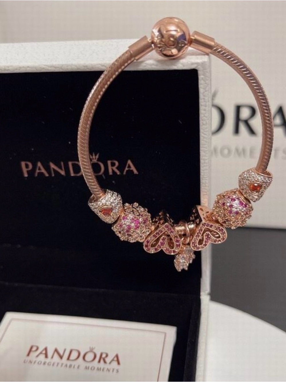 Pandora Rose Gold Bracelet with Pink and Clear Sparkle Charms